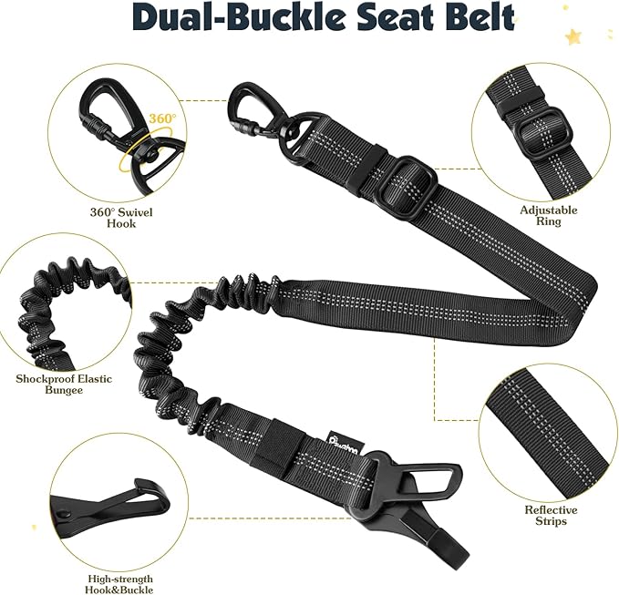 Pawaboo Dog Seat Belt Harness for Car, Dog Car Harness Seatbelt with Double Clips, Adjustable Breathable Pet Vest & Dogs Safety Tether with Elastic Bungee for Small Medium Large Pet, S, Black