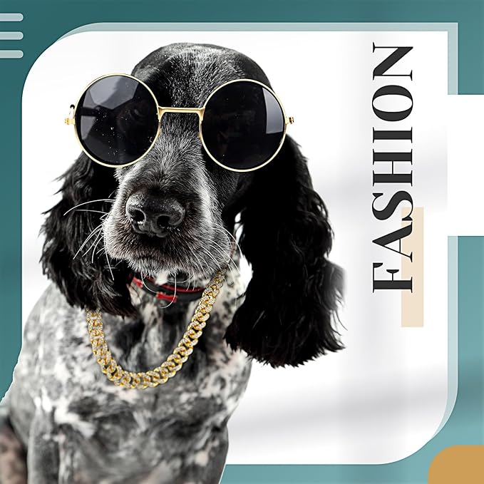 Xuniea 2 Pieces Cat Dog Chain Collar and Sunglasses Set Rhinestone Necklace with Secure Buckle Round Glasses for Doll Cat Dog Pet Accessories(18 Inch,Gold, Black)