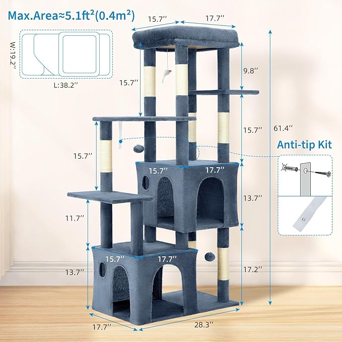 Cat Tree 61" Tall, Sisal Wrapped Scratching Post, Cat Nest, Hanging Ball, Extended Platform