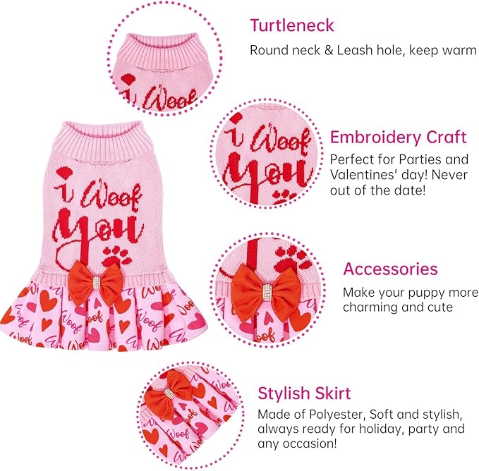 CuteBone Pink Dog Sweater Dress I WOOF You Pet Sweater Sweaters for Large Dogs with Bowtie Pullover Pupply Clothes Cats Clothes for Valentine's Day