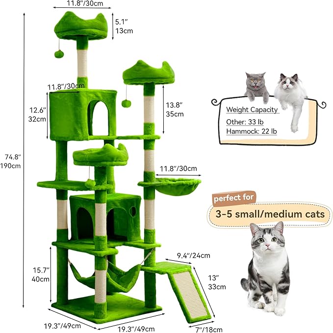 DWVO 75 in Multi-Level Cat Tower: Tall Cats Tree for Indoor Kittens, Pet Furniture with Kitty Condos, Top Perches, Sisal Ramp Scratching Posts, Cozy Basket, Hammocks, Green