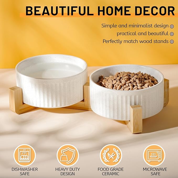 Non-Slip Ceramic Dog Bowls with Wood Stand,6" Dog Food and Water Bowl Set with Silicone Base, 32 OZ/4 Cups Weighted Flip-Proof Pet Feeding Bowl for Small Dogs and Cats (Medium,White)