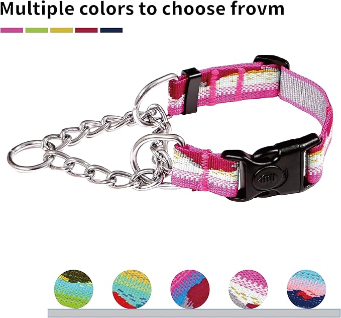 Martingale Dog Collars with Stainless Steel Chain, Reflective No Pull Walking Training Collar with Quick Release Buckle, Adjustable Slip Chain Nylon Dog Collars for Small Medium Large Dogs
