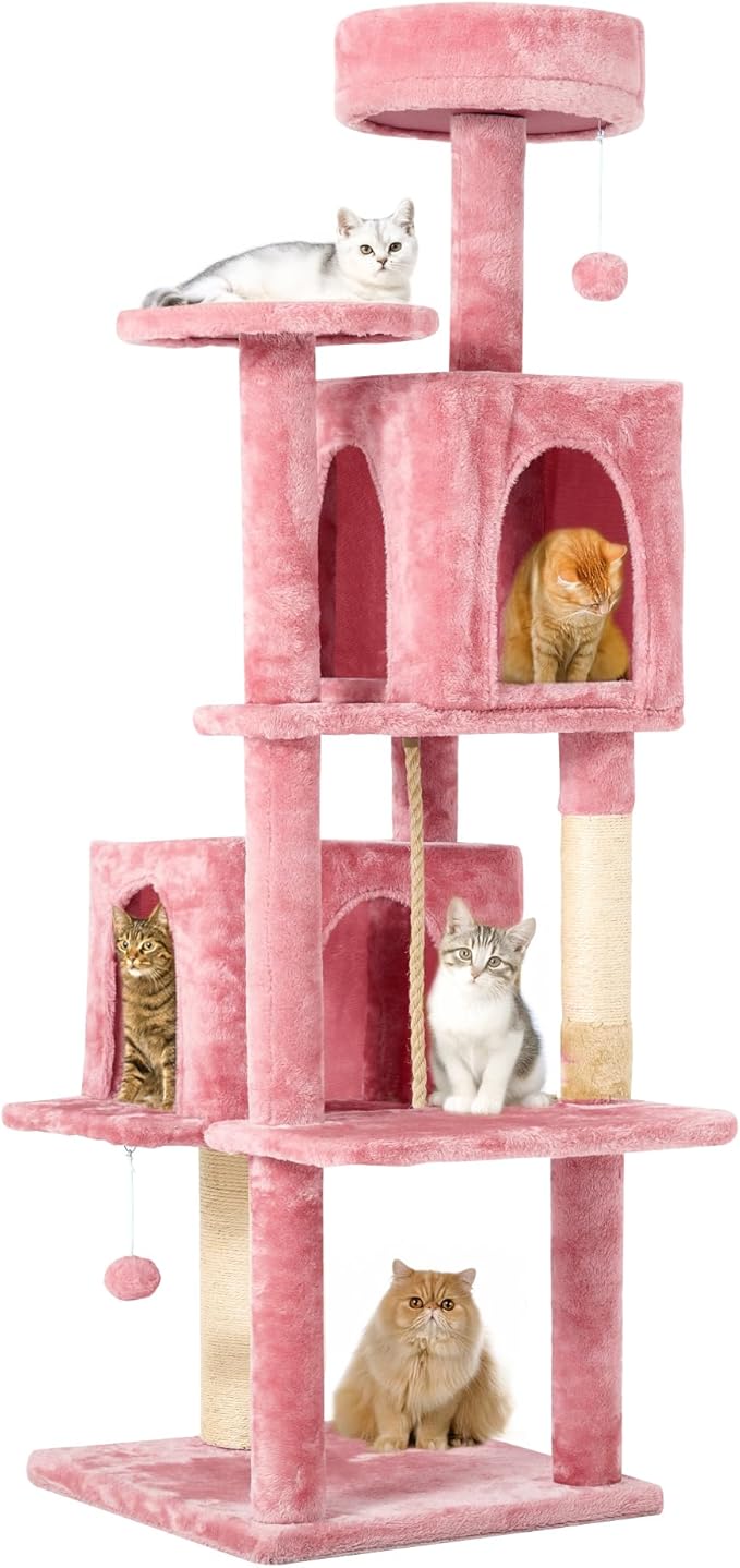 58" Cat Tree Large Cat Tower Condo w/Multi-Level Scratching Post for All Indoor Cats (Pink)
