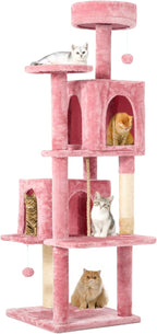 58" Cat Tree Large Cat Tower Condo w/Multi-Level Scratching Post for All Indoor Cats (Pink)