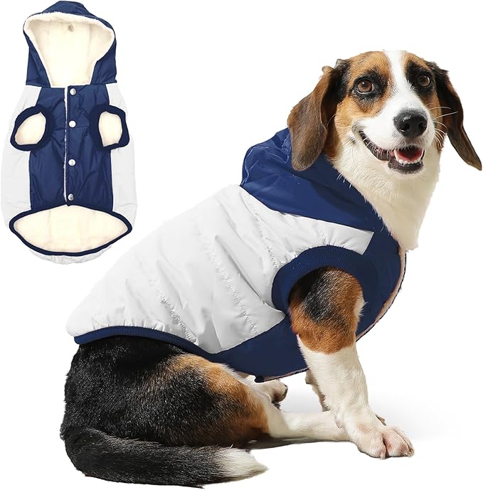 Fleece Lining Extra Warm Dog Hoodie in Winter for Large Dogs Jacket Pet Coats with Hooded,Beige and Blue XL