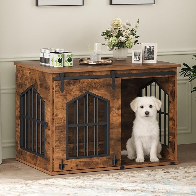 Dog Crate Furniture, 31.5" Farmhouse Dog Kennel with Sliding Barn Door, Wooden Dog Cage for Small Medium Dogs, Decorative Pet House Side End Table, Chew-Resistant, Rustic Brown DCHR9601