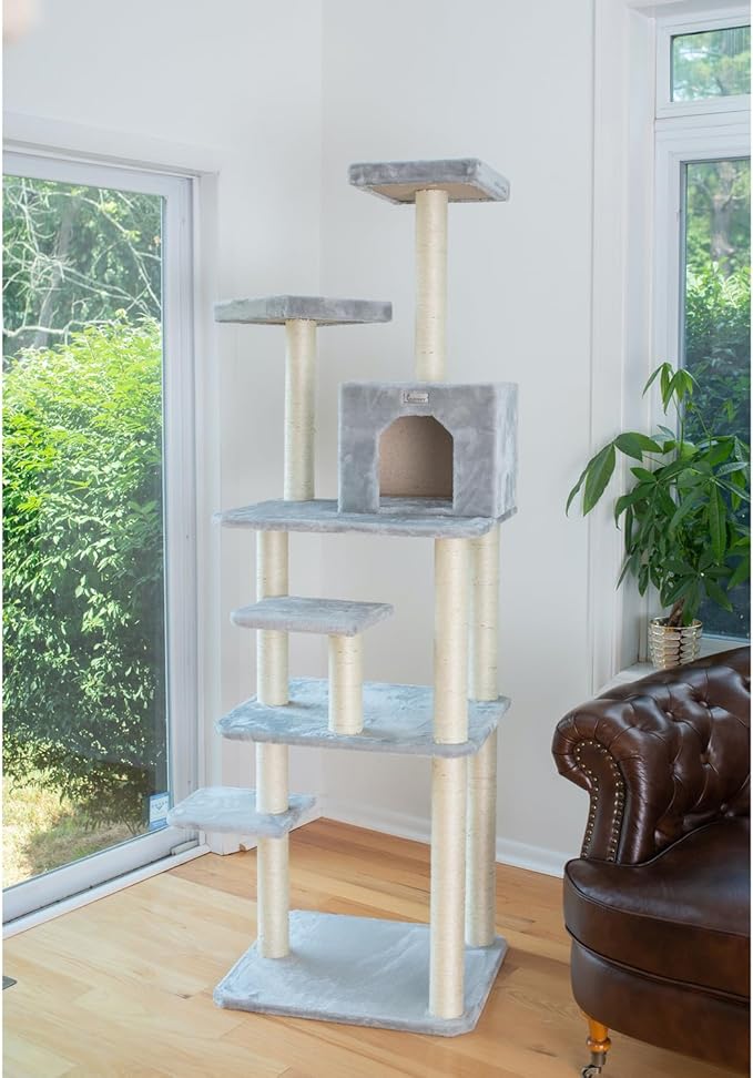 Cat Tree 74" - 7 Level Faux Fur Tower with Playhouse & Perches - Easy Assembly