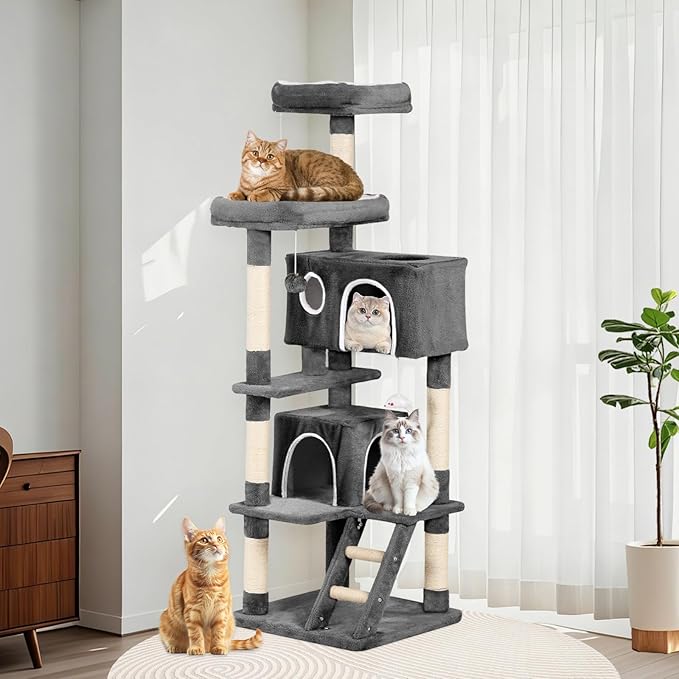 Cat Tree Tower 53 inch - Multi-Level Indoor Activity Center with Sisal Scratching Posts, Condo, Plush Perch & Hanging Toys for Large Cats (Black)