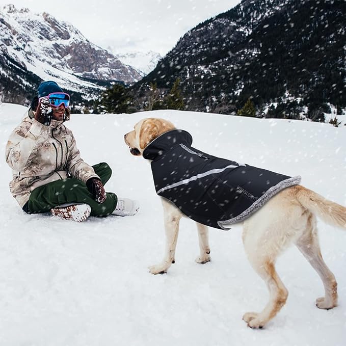 VIVAGLORY Snowrap Dog Coat, Jacket with Harness Hole, Dog Coat for Winter & Cold Weather, Fluffy Warm Fleece Lined Reflective Water Resistant for Puppy, S, Black
