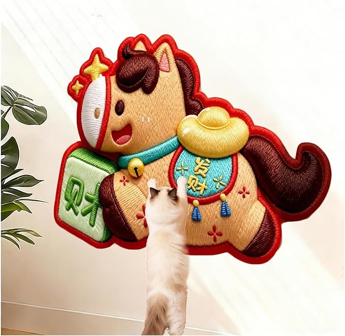 Cartoon Cat Scratching Mat, Cute Wall Cat Scratcher for Christmas, New Year, Pet Scratching Pad with Self-Adhesive Backing, Furniture Protector for Couch Door Sofa Indoor (Horse)