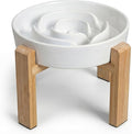 Elevated Slow Feeder Dog Bowl - Upgraded with Screwed Bamboo Stand - Ceramic Maze Dish for Fast Eaters - Raised Feeding Bowl for Medium and Large Dogs - White