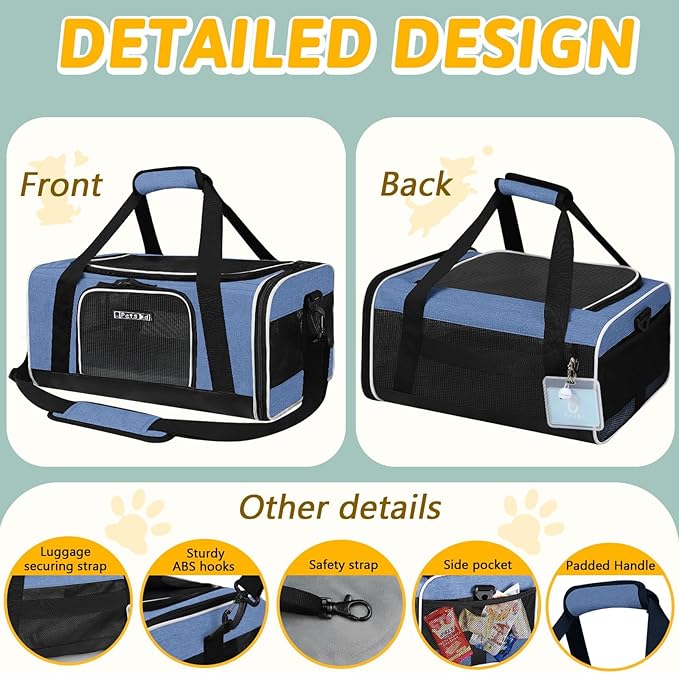 Petskd Pet Carrier 18x13x9.5 Southwest Airline Approved, Pet Travel Carrier Bag for Small Cats and Dogs, Soft Dog Carrier for 1-15 LBS Pets,Dog Cat Carrier with Safety Lock Zipper (Blue)