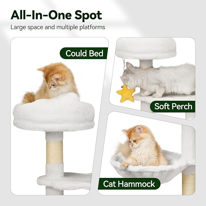 43-Inch Cat Tree,Cute Cloud Cat Tree for Kittens & Small Cats Under 6 Months 9lbs, Cat Tower with Scratching Post, Double Condos, Plush Hammock & Dangling Toys, White