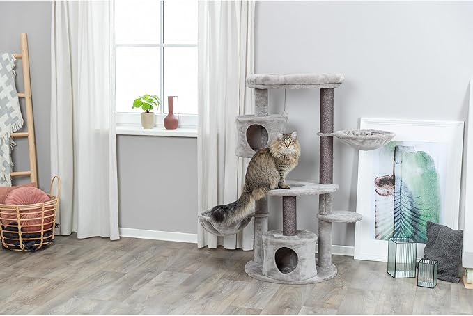 TRIXIE Anna Cat Tree – Cat Tower with Sisal Posts, Dual Hammocks, Caves & Hanging Toy – Indoor Cat Furniture for Scratching & Climbing – Gray, 23.6" x 23.6" x 50.4"