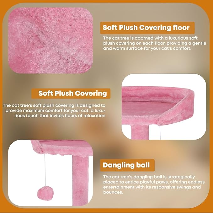 54in Cat Tree Tower for Indoor Cats, Cat Tower with Cat Scratching Post, Multi-Level Cat Furniture, Cat Tower with Funny Toys for Kittens-Pink