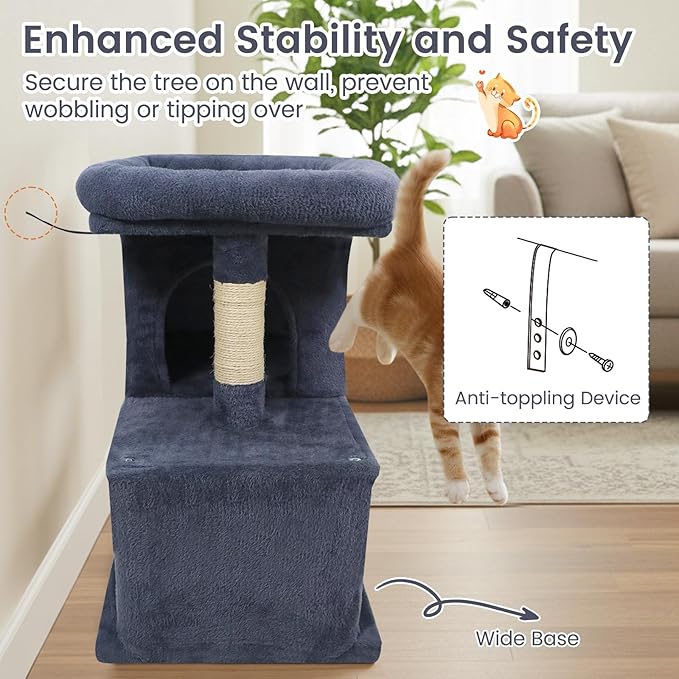 Tangkula Small Cat Tree for Indoor Cats, 25.5 Inch Cat Tower with Sisal Scratching Posts, 2 Large Cat Condos with Padded Top Perch, Modern Cat Climbing Furniture for Adult Cats & Kittens (Dark Gray)