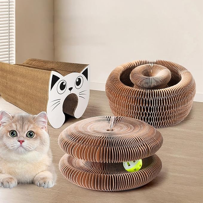 Kitty Kurlz Cat Toy Accordion Magic Organ Scratcher for Indoor Cats - Cardboard Interactive Ball Scratcher Pad, Reversible Kitten Enrichment Toy for Bored Cats