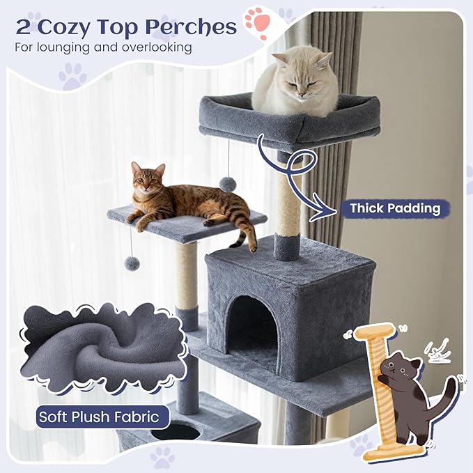 Tangkula 80 Inch Tall Cat Tree, Multi-Level Cat Tower with Sisal Scratching Posts, 2 Condos, Plush Perch, Hammock, Basket, Dangling Toys, Cat Climbing Furniture for Indoor Cats (Dark Gray)