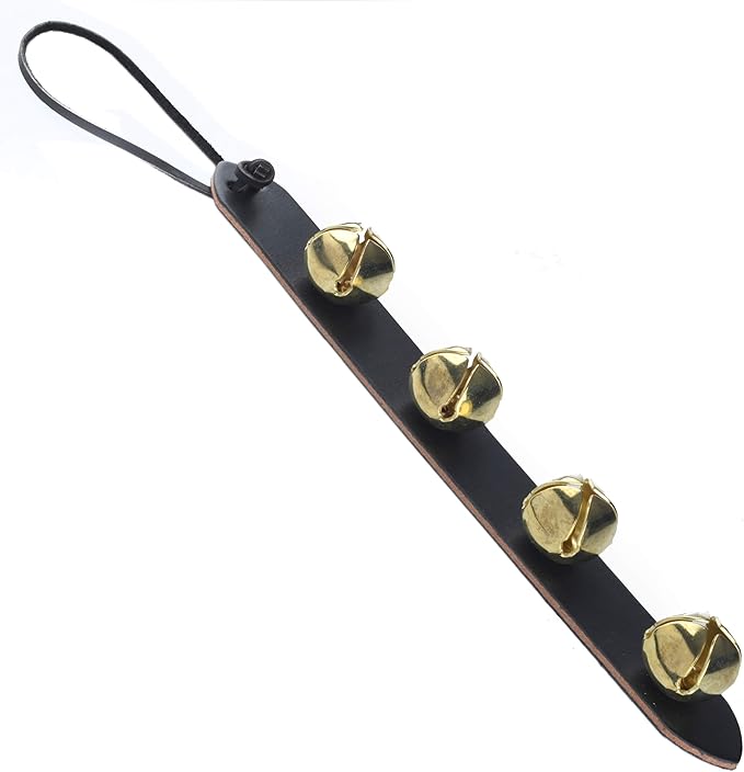 Amish Crafted Leather Strap Arctic Sleigh Bell Door Hanger Hanging Jingle Bells (Black Leather, 14 Inches)