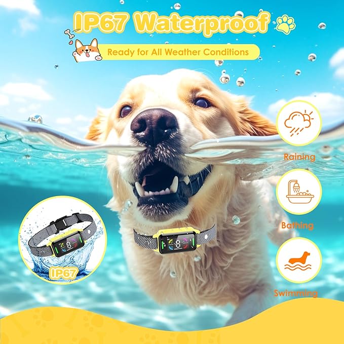 Dog Bark Collar Automatic Shock Collar Rechargeable Anti-Bark Training Collar Multifunctional Waterproof Dog Stop Barker with 6 Safe Training Modes for Dog Weighing Over 8 Pounds (Yellow)