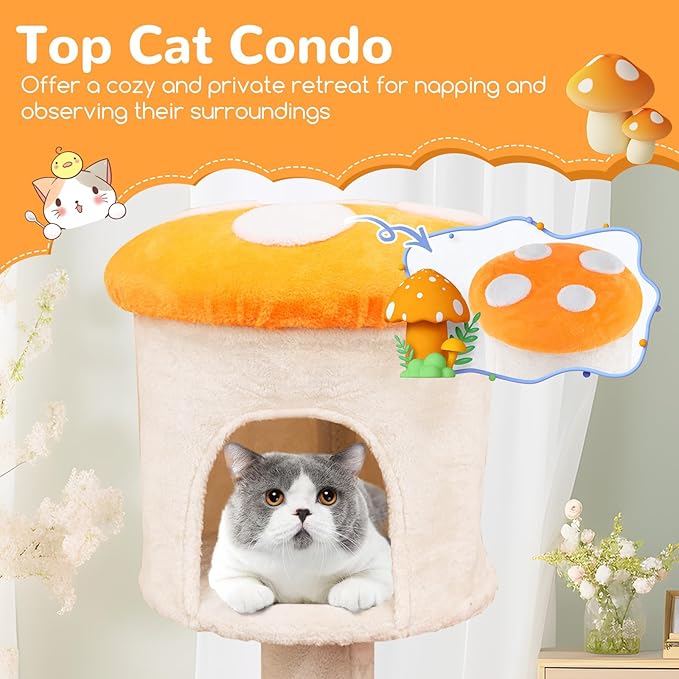 Tangkula Mushroom Cat Tree, 48 Inch Cute Cat Tower with Sisal Scratching Posts, Top Condo, Padded Platforms, Dangling Ball, Multi-Level Modern Cat Furniture, Activity Center for Indoor Cats