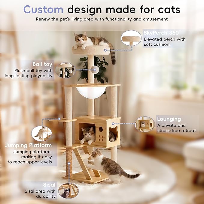 48.8" Wooden Cat Tree for Indoor Cats, Multi-Level Cat Tower with Space Capsule, Acrylic Hammock, Sisal Scratching Posts & Ladder, Large Cat Condo for Small and Large Cats