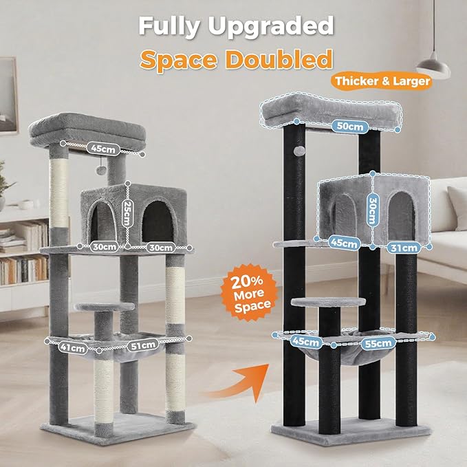 PEQULTI 57.9'' Cat Tree, Multi-Level Tower with Large Top Perch, Thick Scratching Posts and Hammock for Large Indoor Cats up to 20 lbs, Black