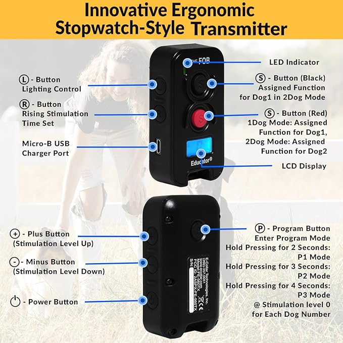Educator FOB 300 Yard Dog Training Collar with Remote–Humane Stimulation, Pavlovian Tone & Vibration–Waterproof Rechargeable Receiver–Secure Biothane Collar–for Dogs 10 lbs+–1 Dog System–Black