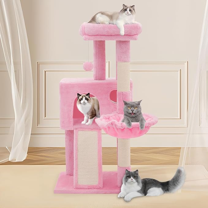 Cat Tree Tower with Cat Condo, Small Cat Tower with Scratching Post & Hammock, Cat Tree for Indoor Cats, 36 Inch, Soft Pink