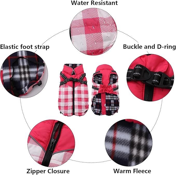 Dog Coat with Harness,Small Dog Winter Coat,Doggie Jackets with Built in Harness,Adjustable Warm Jacket for Medium Large Dogs,Pet Puppy Cold Weather Coats for Dogs Waterproof (PlaidPink, X-Large)
