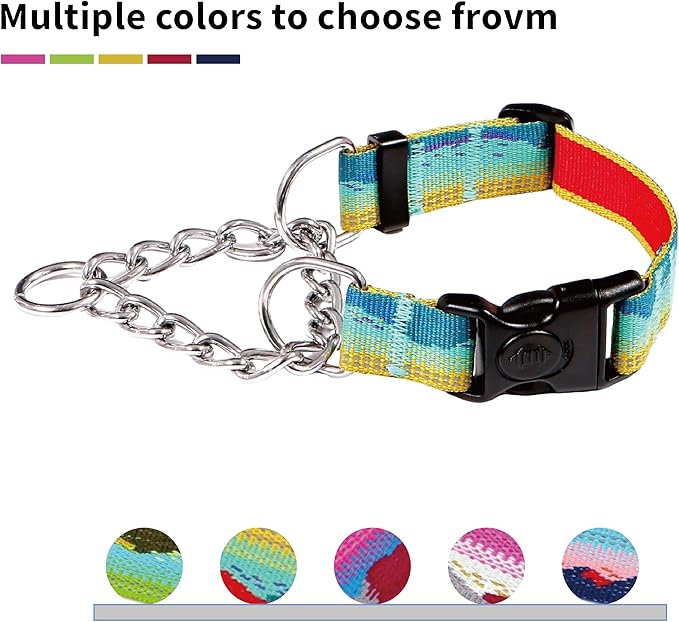 Martingale Dog Collars with Stainless Steel Chain, Reflective No Pull Walking Training Collar with Quick Release Buckle, Adjustable Slip Chain Nylon Dog Collars for Small Medium Large Dogs