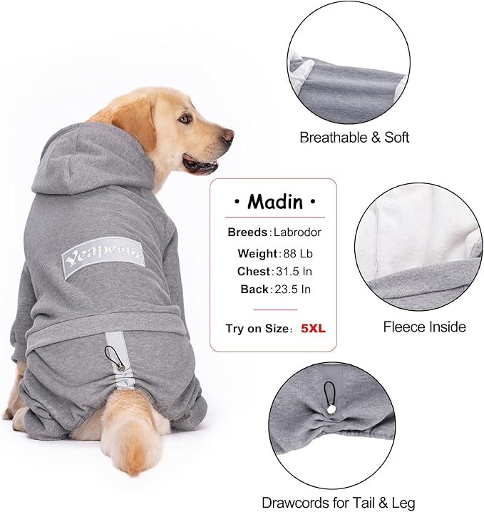 Dog Hoodies Winter Coat for Large Medium Dogs, Pullover 8 Legs Warm Coat Hooded Sweatshirt, Fleece Hoodie for Cold Weather (Grey, 6X-Large)