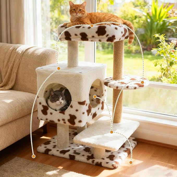 PETSITE 30-inch Small Cat Tree, Unique Cow Print Modern Cat Tree with Jute Scratching Posts, Comfy 2-Door Condo, Soft Upholstered Top Perch, Multiple Jumping Platforms, Ideal for Indoor Cats