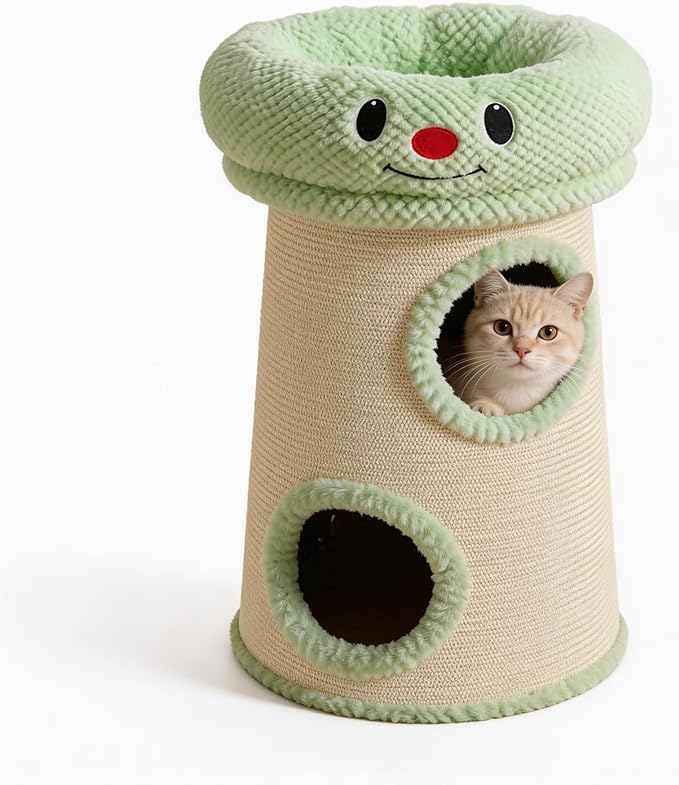 Cat Tree Barrel, 2-Level Cat Condo with Plush Bed & Sisal Scratching Posts, Multi-Functional Cat Tower, Cat Scratcher House for Indoor Cats, Sturdy Cat Furniture with Hideaway for Kittens & Adult Cats
