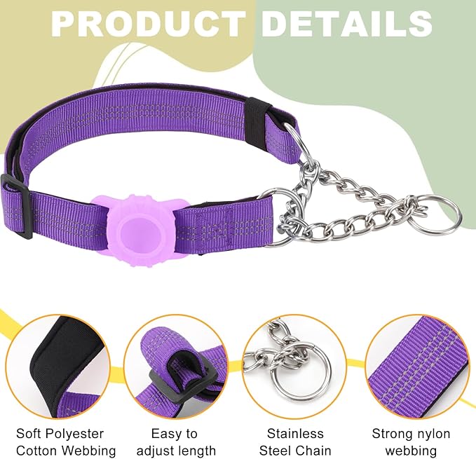 Cymiler Martingale Dog Collar with AirTag Holder, Reflective Nylon Training Collar, Stainless Steel Chain, Heavy Duty Buckle, Limited Slip Collars for Small Medium Large Dogs (Purple, Large)