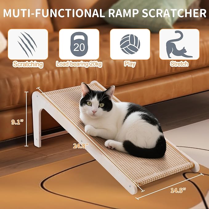 Sisal Cat Scratchers for Indoor Cats, 26.8'' L-Shape Cat Scratching Board, Solid Wooden Cats Scratch Pad with Mouse Toy, Large Cats Scratching Posts to Protect Furniture(Ramp Scratcher)