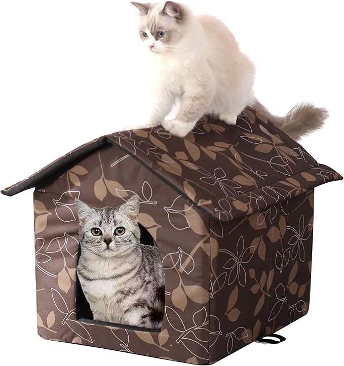 Cat Houses for Outdoor Cats, Weatherproof Outdoor House for Feral Cats, Warm Stable Stray Cats Shelter in Winter Brown Large