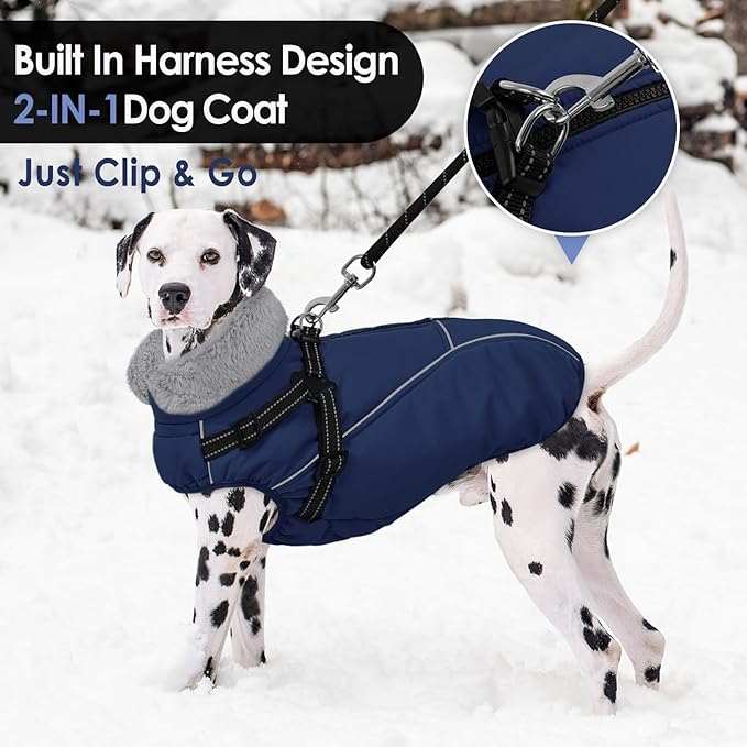 AOFITEE Small Dog Coat, XS Dog Jacket Winter with Harness Built in, Warm Fleece Puppy Coat, Waterproof Pet Puffer Jacket Snowsuit with Zipper, Reflective Dogs Cold Weather Coats Sweater, Blue XS