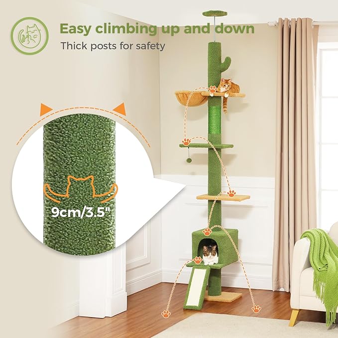 PETEPELA Floor to Ceiling Cat Tree, Cat Tower 5 Tiers Tall (83-108 Inches) Adjustable Height, Cat Climbing Tree Featuring with Condo, Scratching Post and Perches for Indoor Cats, Green