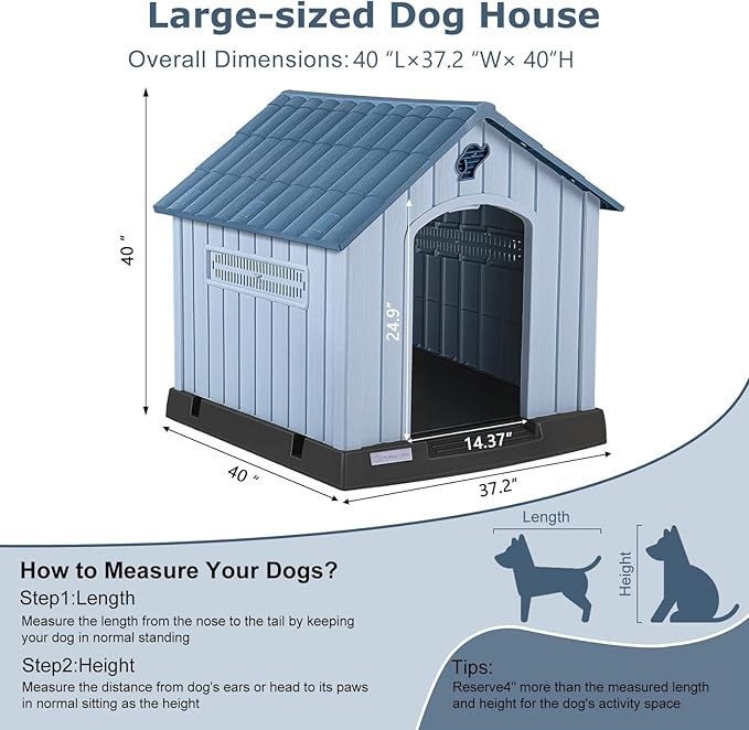 LEMBERI Durable Waterproof Plastic Dog House for Small to Large Sized Dogs, Indoor Outdoor Doghouse with Air Vents and Elevated Floor, Easy to Assemble (Blue, 40" L x 37.2" W x 40" H)