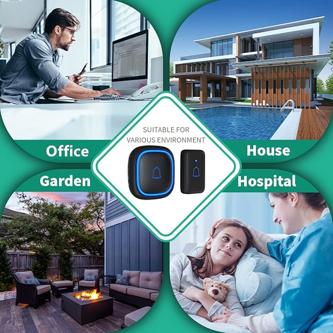 Wireless Doorbell Kits with 2 Receivers IP66 Waterproof 1000ft Range Door Bell for Classroom Teachers with 66 Ringtones 7 Levels Volume 115dB and LED Flash Memory Function Doorbell Chime for Home