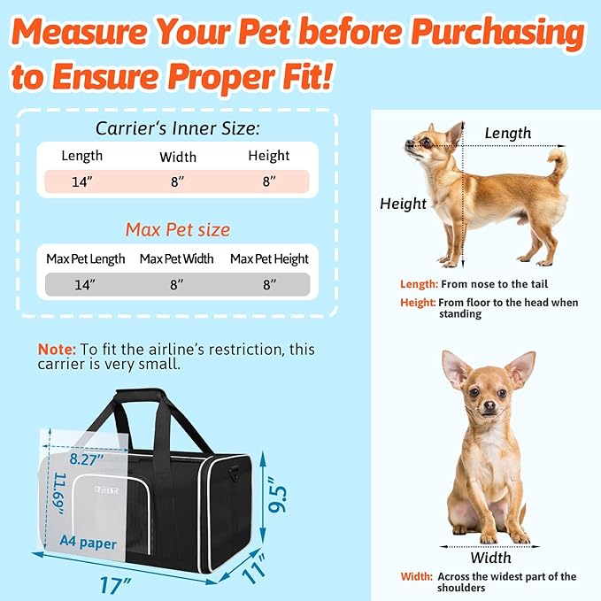 Petskd Small Pet Carrier with Wheels (17" L x 11" W x 9.5" H), Alaska Airlines Approved, Rolling Pet Carrier for Small Dogs & Cats (Black)