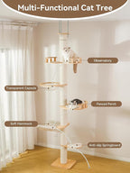 Floor to Ceiling Cat Tree, 5-Tier Adjustable Height(7.3-10.5ft) Solid Wood Climbing Tower with Sisal Scratching Posts, Transparent Capsule and Cozy Hammock