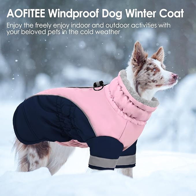 AOFITEE Dog Coat- Two Legged Extra Large Dog Winter Jacket - Zipper Dogs Cold Weather Coat with Harness, Warm Pet Puffer Jackets Reflective Pet Snow Coats for Golden Retriever, Weimaraner, PinkNavy2XL