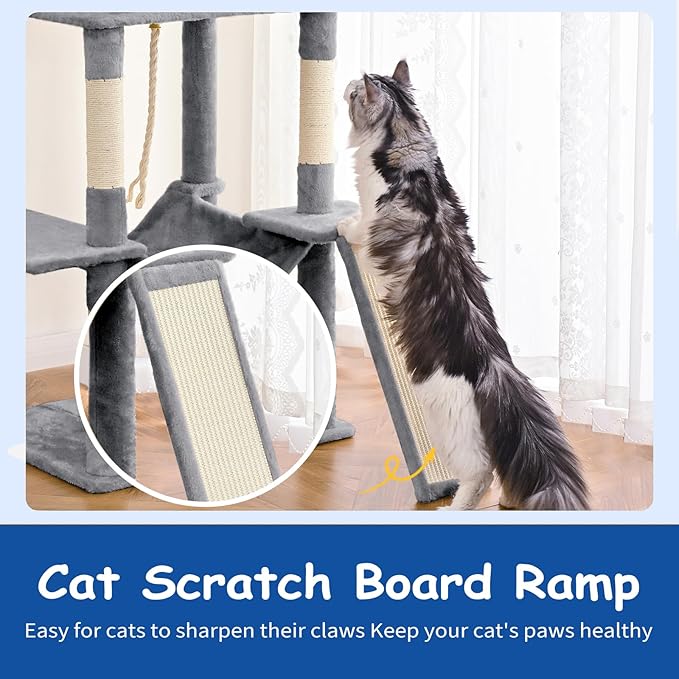 Cat Craft Cat Tree 63 Inch Cat Tower for Indoor Cats, Multi-Level Cat Tree for Large Cats 20 lbs+ Heavy Duty Cat Tower with Sisal Scratching Posts, Hammock, Condo and Extended Platform, Light Grey