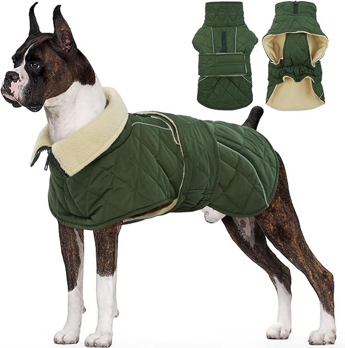 Kuoser Extra Warm Dog Coat, Windproof Cold Weather Dog Jackets for Large Dogs, Thick Fleece Lining Pet Turtleneck Snowsuit Reflective Adjustable Puppy Winter Coat Doggie Snow Jacket Green, XL