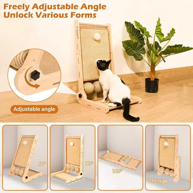 Cat Scratcher, 180°Angles Cat Scratcher, 23.6'' Cat Scratch Pad W/Toy Balls, Cat Scratch Pad for Indoor Cats Kitties, Cats Scratching Board W/Adjustable Shape,2-Sided Sisal Design