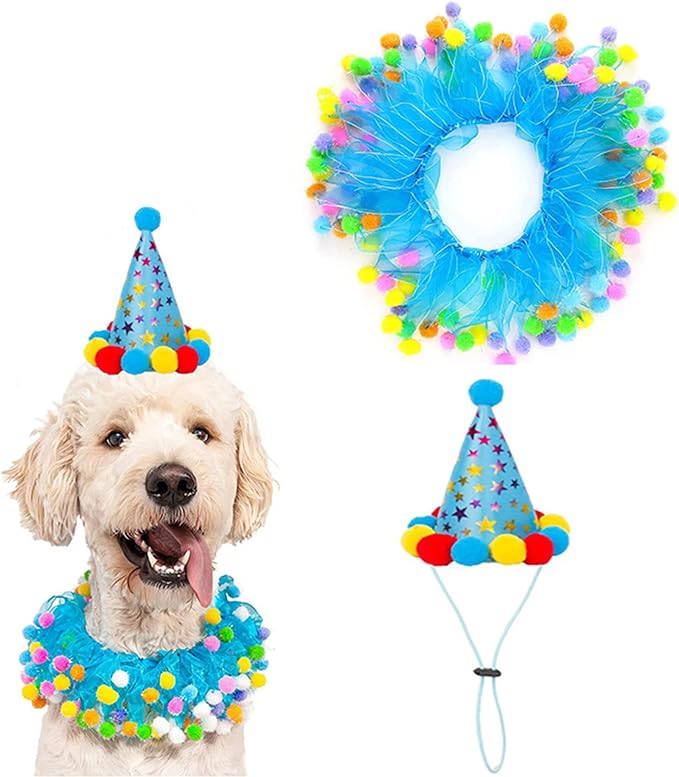 Elegant little tail Dog Birthday Costume - Blue Collars Cute Colorful Fluffy Ball Dog with Birthday Hat Boy Pet Tutu Collar Suit Pet Holiday Costume for Small Medium Dogs
