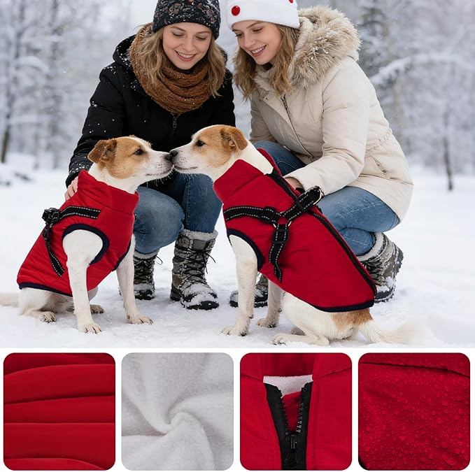 Dog Winter Coat with Harness Winter Jacket for Small Dogs Reflective Cold Weather Coats Warm Pet Vest Waterproof Snowsuit (Red, Small)
